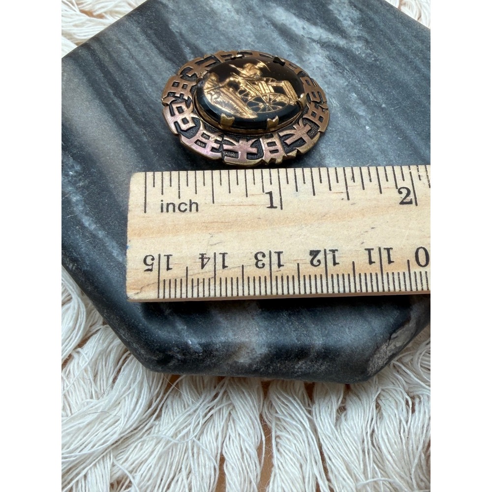 Vintage Damascene Rickshaw Brooch Gold Tone Inlay Japanese Art Deco Pin - Picture 3 of 5